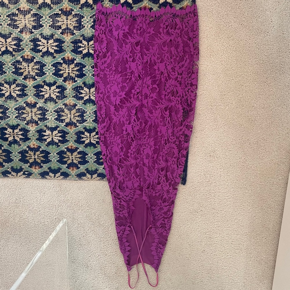 Magenta lace dress, slit in front and criss cross back